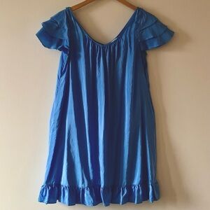 Club Monaco Silk Blue Oversized Deep V Dress, with Ruffles